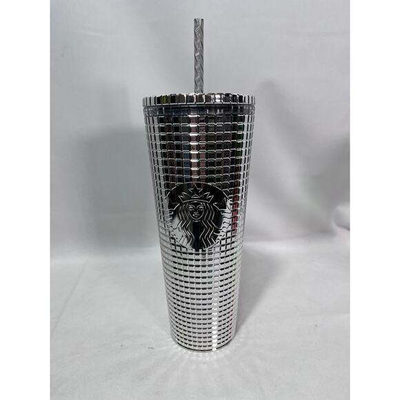 NWT❗️Starbucks 2023 Silver Chrome Grid Cold Beverage Tumbler‎ 24 Oz - Picture 1 of 4